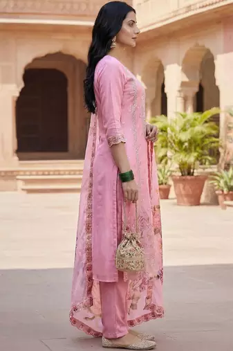 Women Pink Organza Embroidered Straight Kurta Trousers with Dupatta