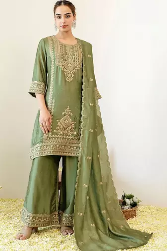 Women Ethnic Motifs Embroidered Regular Thread Work Kurta with Palazzos & With Dupatta