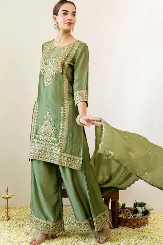 Women Ethnic Motifs Embroidered Regular Thread Work Kurta with Palazzos & With Dupatta