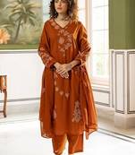 Women Embroidered Regular Kurta with Trousers & With Dupatta