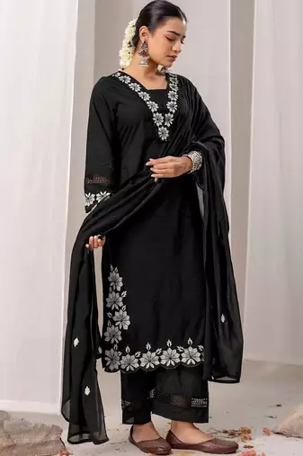 Women Floral Embroidered Regular Thread Work Pure Cotton Kurta with Trousers & With Dupatta