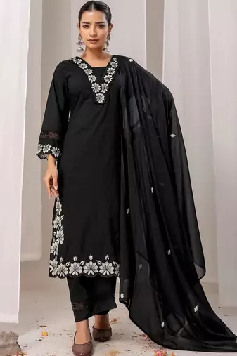 Women Floral Embroidered Regular Thread Work Pure Cotton Kurta with Trousers & With Dupatta