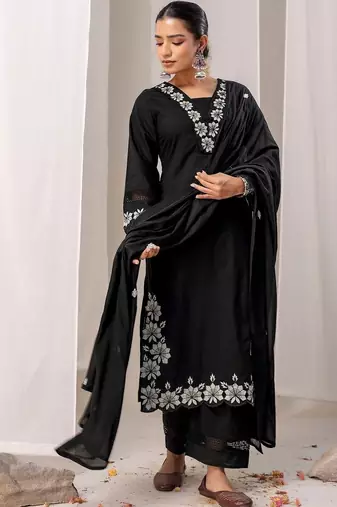 Women Floral Embroidered Regular Thread Work Pure Cotton Kurta with Trousers & With Dupatta