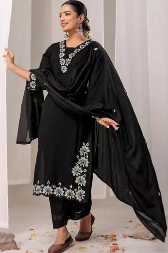 Women Floral Embroidered Regular Thread Work Pure Cotton Kurta with Trousers & With Dupatta