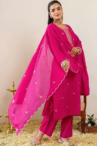 Women Floral Embroidered Regular Thread Work Pure Cotton Kurta with Trousers & With Dupatta
