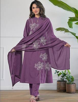Women Floral Embroidered Regular Thread Work Pure Cotton Kurta with Trousers & With Dupatta 1
