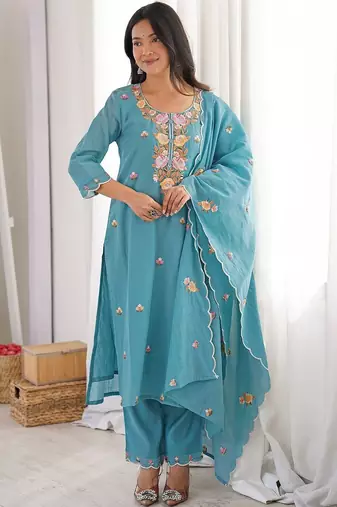 Women Embroidered Regular Kurta with Trousers & With Dupatta