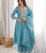 Women Embroidered Regular Kurta with Trousers & With Dupatta