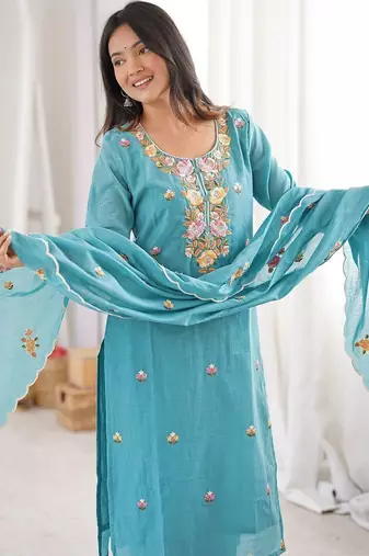 Women Embroidered Regular Kurta with Trousers & With Dupatta