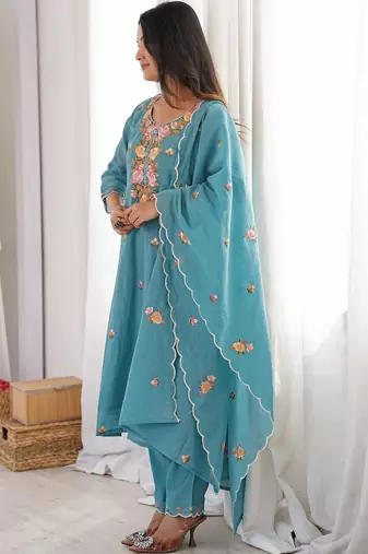 Women Embroidered Regular Kurta with Trousers & With Dupatta