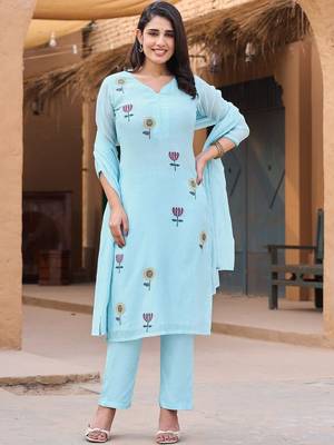 Women Floral Printed Regular Thread Work Chanderi Silk Kurta with Trousers & With Dupatta 6