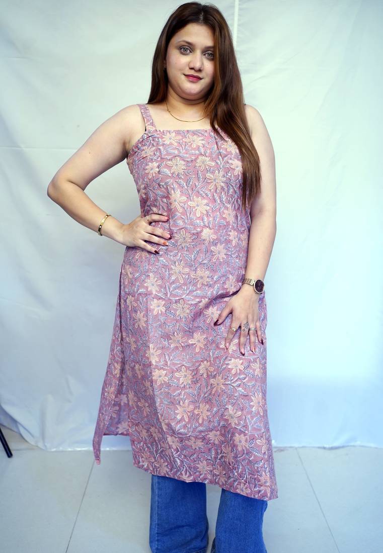 Light Purple Bagru HandBlock Prinnted Cotton Long Kurti