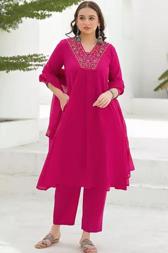 Women Ethnic Motifs Embroidered Pleated Thread Work Kurta with Trousers & With Dupatta