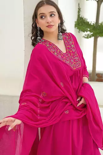 Women Ethnic Motifs Embroidered Pleated Thread Work Kurta with Trousers & With Dupatta