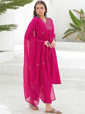 Women Ethnic Motifs Embroidered Pleated Thread Work Kurta with Trousers & With Dupatta 6