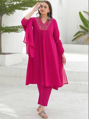 Women Ethnic Motifs Embroidered Pleated Thread Work Kurta with Trousers & With Dupatta 7
