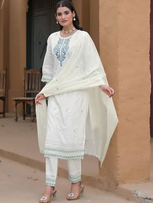 Women Ethnic Motifs Embroidered Regular Thread Work Kurta with Trousers & With Dupatta 7
