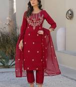 Women Ethnic Motifs Embroidered Regular Thread Work Kurta with Trousers & With Dupatta