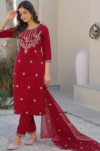 Women Ethnic Motifs Embroidered Regular Thread Work Kurta with Trousers & With Dupatta