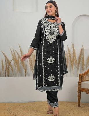 Women Ethnic Motifs Embroidered Regular Thread Work Kurta with Trousers & With Dupatta 1