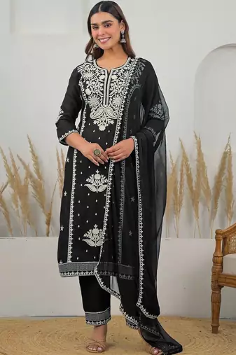 Women Ethnic Motifs Embroidered Regular Thread Work Kurta with Trousers & With Dupatta
