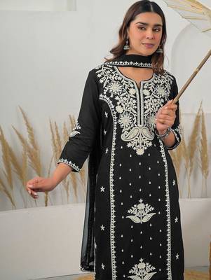 Women Ethnic Motifs Embroidered Regular Thread Work Kurta with Trousers & With Dupatta 5