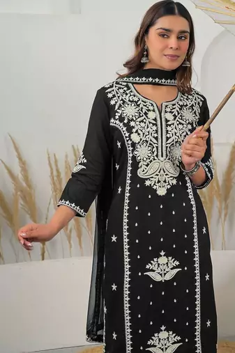 Women Ethnic Motifs Embroidered Regular Thread Work Kurta with Trousers & With Dupatta