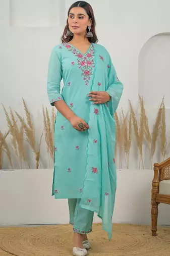 Women Floral Embroidered Regular Thread Work Pure Cotton Kurta with Trousers & With Dupatta