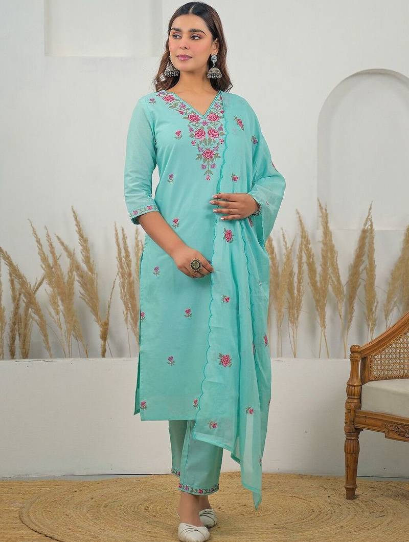 Women Floral Embroidered Regular Thread Work Pure Cotton Kurta with Trousers & With Dupatta