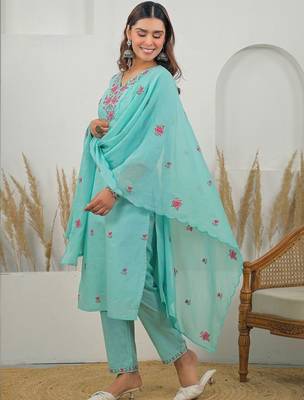 Women Floral Embroidered Regular Thread Work Pure Cotton Kurta with Trousers & With Dupatta 3