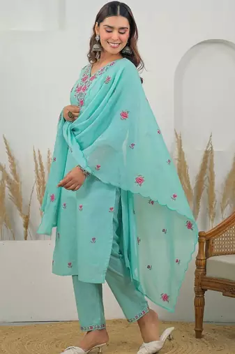 Women Floral Embroidered Regular Thread Work Pure Cotton Kurta with Trousers & With Dupatta