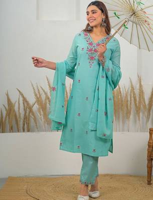 Women Floral Embroidered Regular Thread Work Pure Cotton Kurta with Trousers & With Dupatta 6