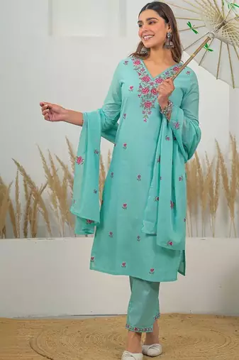 Women Floral Embroidered Regular Thread Work Pure Cotton Kurta with Trousers & With Dupatta