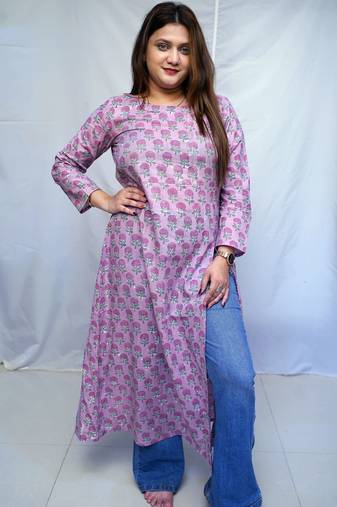 Cotton Bagru Hand Block Printed Long Side Slit Kurti for Women