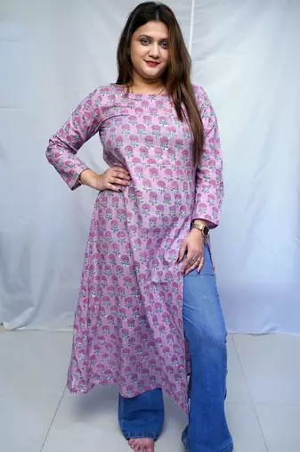 Cotton Bagru Hand Block Printed Long Side Slit Kurti for Women