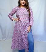 Cotton Bagru Hand Block Printed Long Side Slit Kurti for Women