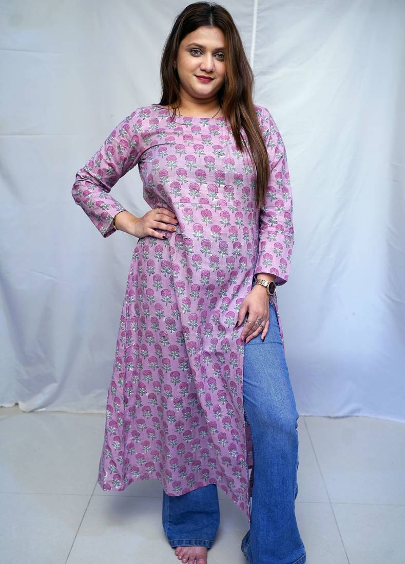 Cotton Bagru Hand Block Printed Long Side Slit Kurti for Women