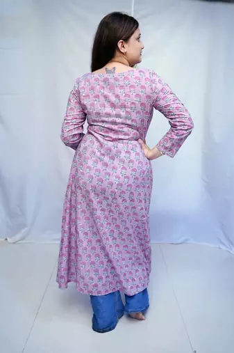 Cotton Bagru Hand Block Printed Long Side Slit Kurti for Women