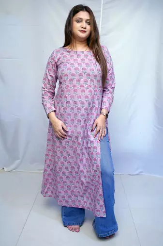 Cotton Bagru Hand Block Printed Long Side Slit Kurti for Women