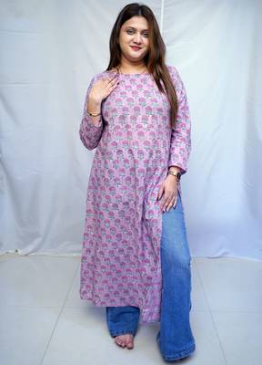 Cotton Bagru Hand Block Printed Long Side Slit Kurti for Women 4