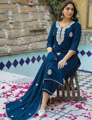 Women Ethnic Motifs Embroidered Regular Thread Work Kurta with Trousers & With Dupatta 7