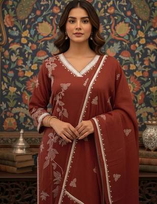 Women Floral Embroidered Regular Thread Work Kurta with Trousers & With Dupatta 2