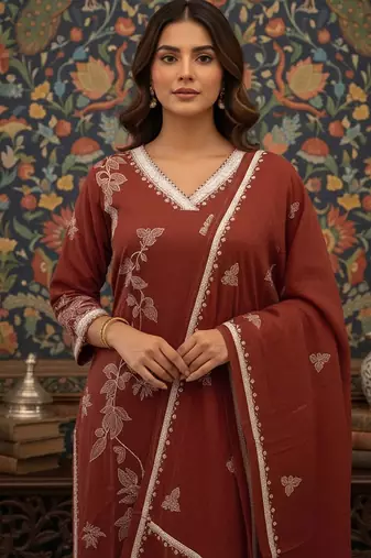 Women Floral Embroidered Regular Thread Work Kurta with Trousers & With Dupatta