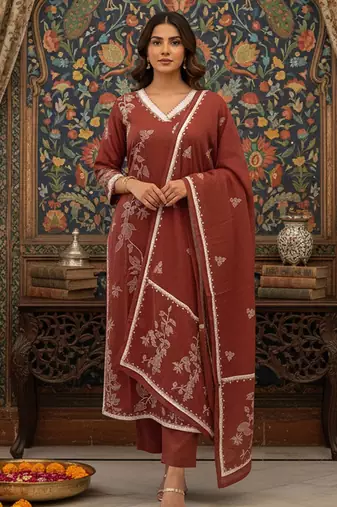 Women Floral Embroidered Regular Thread Work Kurta with Trousers & With Dupatta