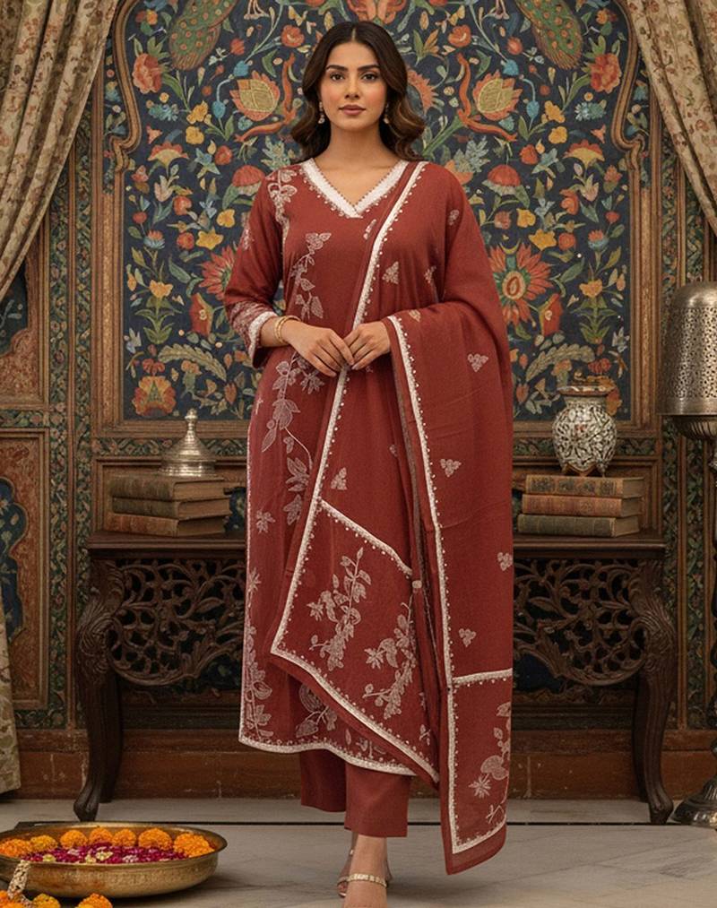 Women Floral Embroidered Regular Thread Work Kurta with Trousers & With Dupatta