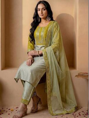 Women Ethnic Motifs Embroidered Regular Mirror Work Kurta with Trousers & With Dupatta 1