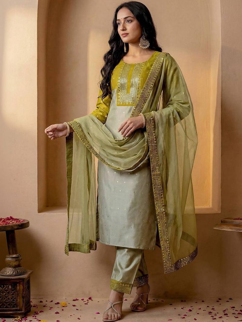 Women Ethnic Motifs Embroidered Regular Mirror Work Kurta with Trousers & With Dupatta