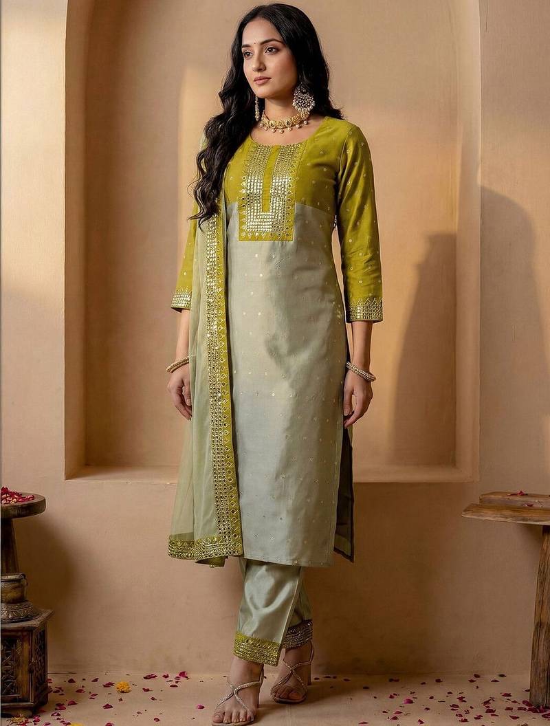Women Ethnic Motifs Embroidered Regular Mirror Work Kurta with Trousers & With Dupatta