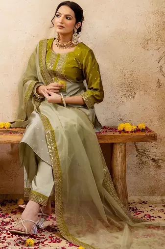 Women Ethnic Motifs Embroidered Regular Sequinned Kurta with Trousers & With Dupatta