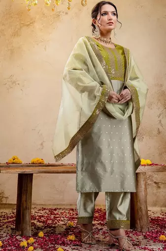 Women Ethnic Motifs Embroidered Regular Sequinned Kurta with Trousers & With Dupatta